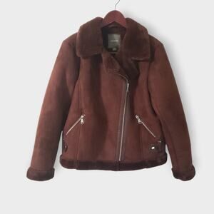 NWT Maurices Faux Suede + Fur Moto Jacket Brown Asymmetrical Zip Sz Lg Bikercore